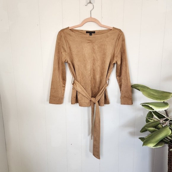 Banana Republic Tan Vegan Suede Belted Long Sleeve Swing Top Stretchy Casual XS - Picture 1 of 10